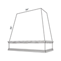 Natural Tapered Range Hood traditional shaker, 37.5″ wide, 36″ high, 20″ deep, shown in a technical line drawing with dimensions. Part of the Seaport line from the Kitchen & Cabinet Store.