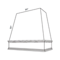 White Tapered Chimney Hood traditional shaker, 43.5″ wide, 36″ high, 20″ deep, shown in a technical line drawing with dimensions. Part of the Seaport line from the Kitchen & Cabinet Store.