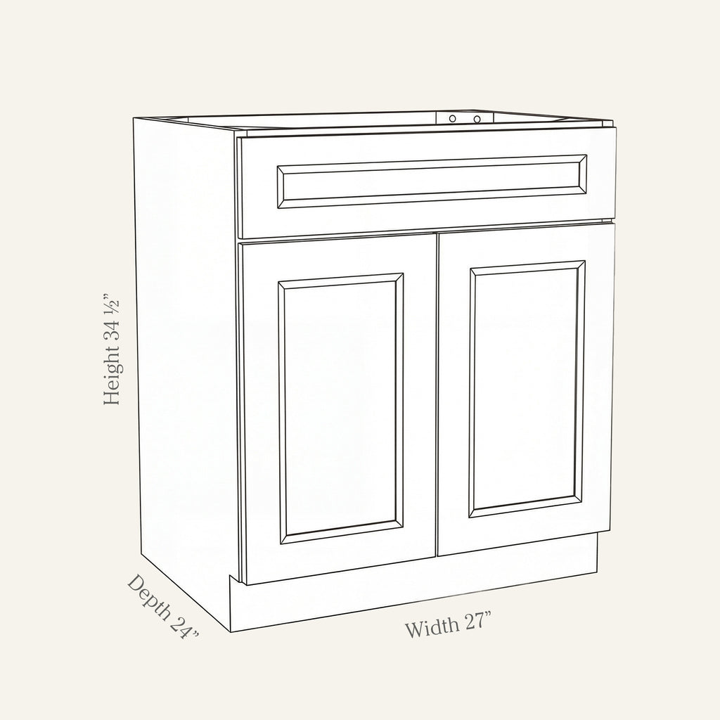 Dimension drawing of a Belmont Shaker sink base cabinet with 2 doors and 1 false drawer, 27w, 34.5h, 24d.