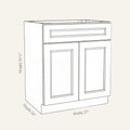 Dimension drawing of a Belmont Shaker sink base cabinet with 2 doors and 1 false drawer, 27w, 34.5h, 24d.