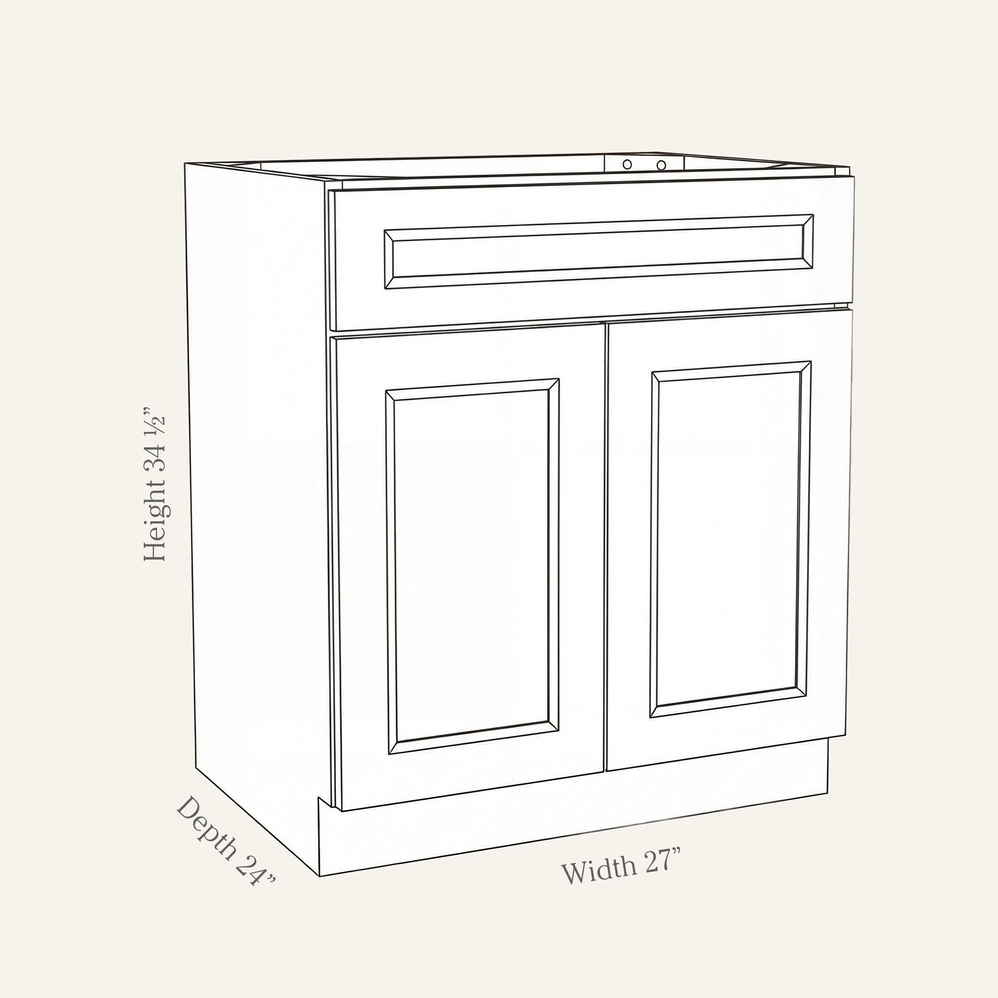 Dimension drawing of a Belmont Shaker sink base cabinet with 2 doors and 1 false drawer, 27w, 34.5h, 24d.