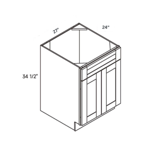 Driftwood traditional shaker sink base, 27″ wide, 34.5″ high, 24″ deep, shown in a technical line drawing with dimensions. Part of the Seaport line from the Kitchen & Cabinet Store.