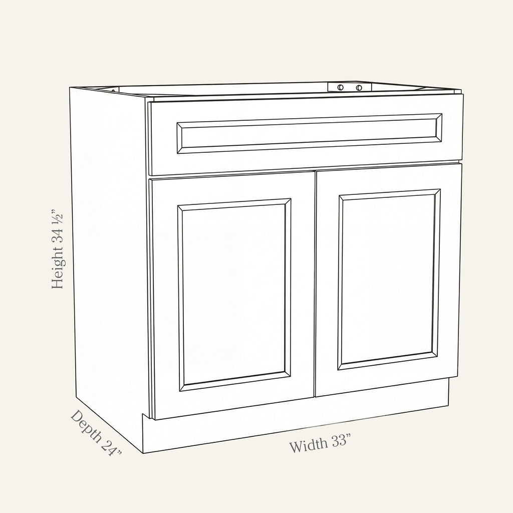Dimension drawing of a Belmont Shaker sink base cabinet with 2 doors and 1 false drawer, 33w, 34.5h, 24d.