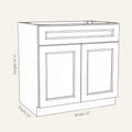 Dimension drawing of a Belmont Shaker sink base cabinet with 2 doors and 1 false drawer, 33w, 34.5h, 24d.