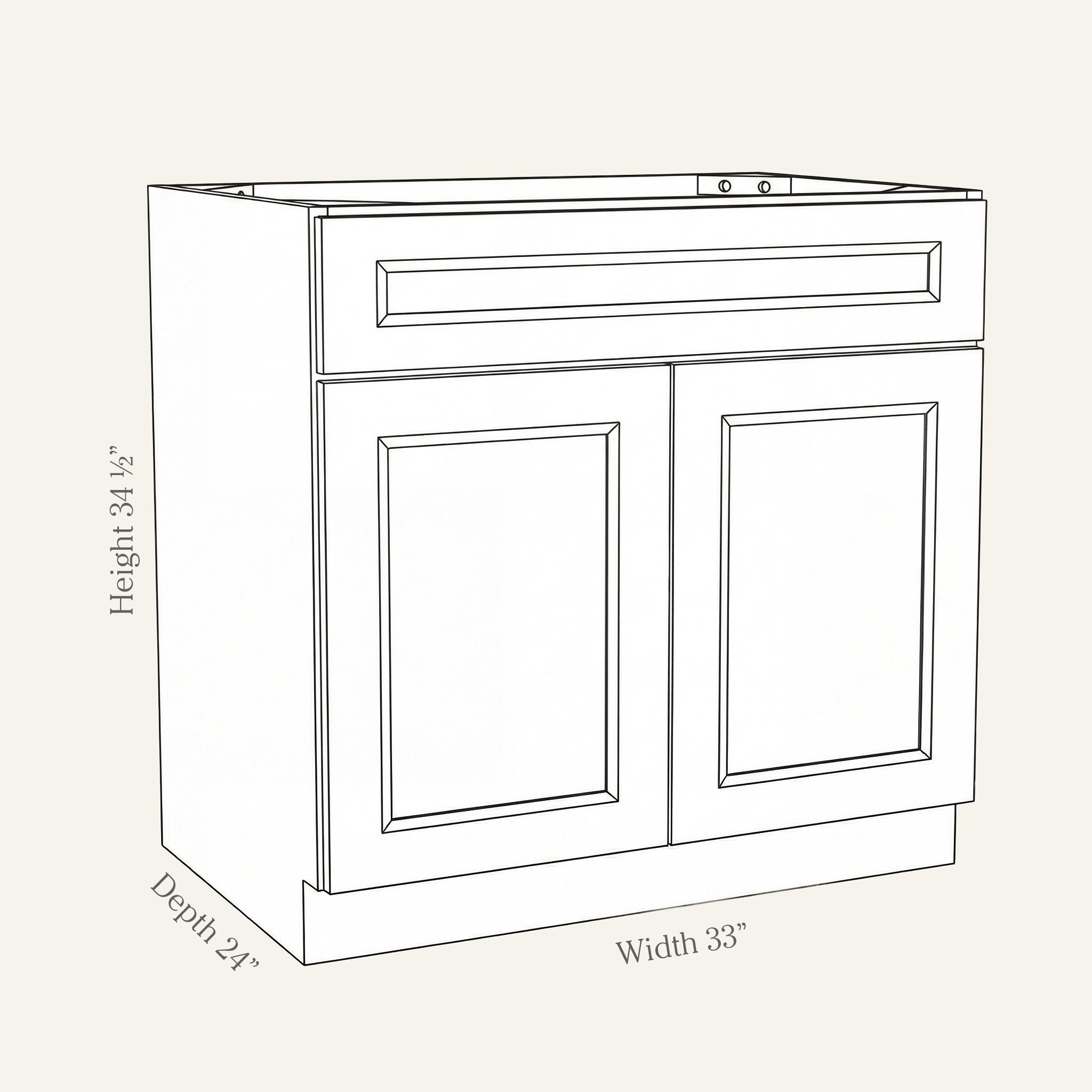 Dimension drawing of a Belmont Shaker sink base cabinet with 2 doors and 1 false drawer, 33w, 34.5h, 24d.