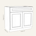 Dimension drawing of a Belmont Shaker sink base cabinet with 2 doors and 1 false drawer, 36w, 34.5h, 24d.
