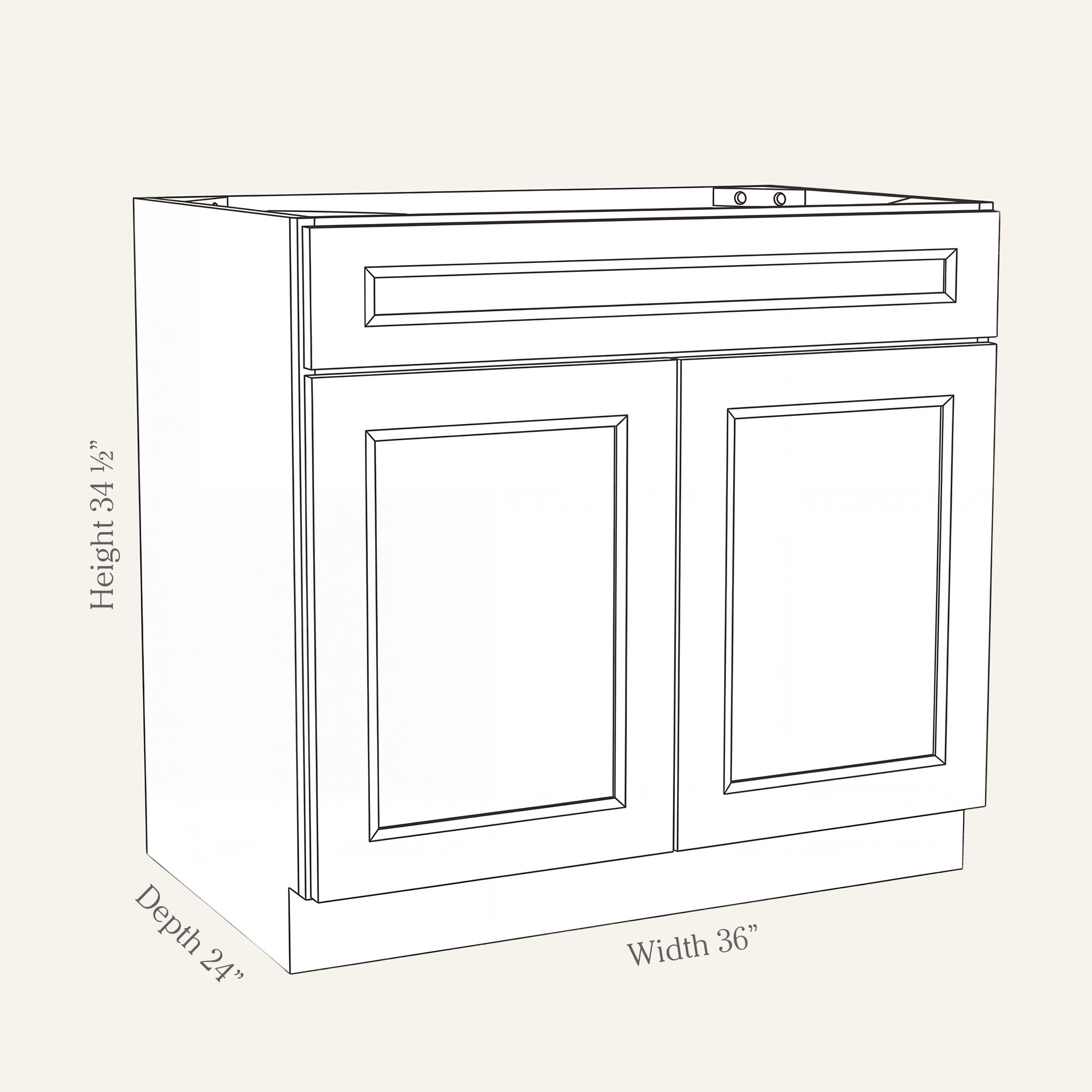 Dimension drawing of a Belmont Shaker sink base cabinet with 2 doors and 1 false drawer, 36w, 34.5h, 24d.
