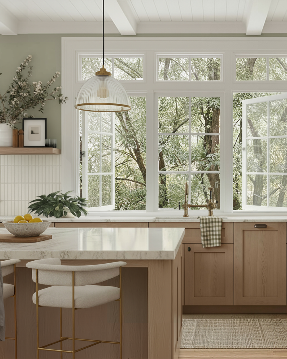 Modern kitchen with wooden cabinets, marble countertop, and large windows overlooking trees.