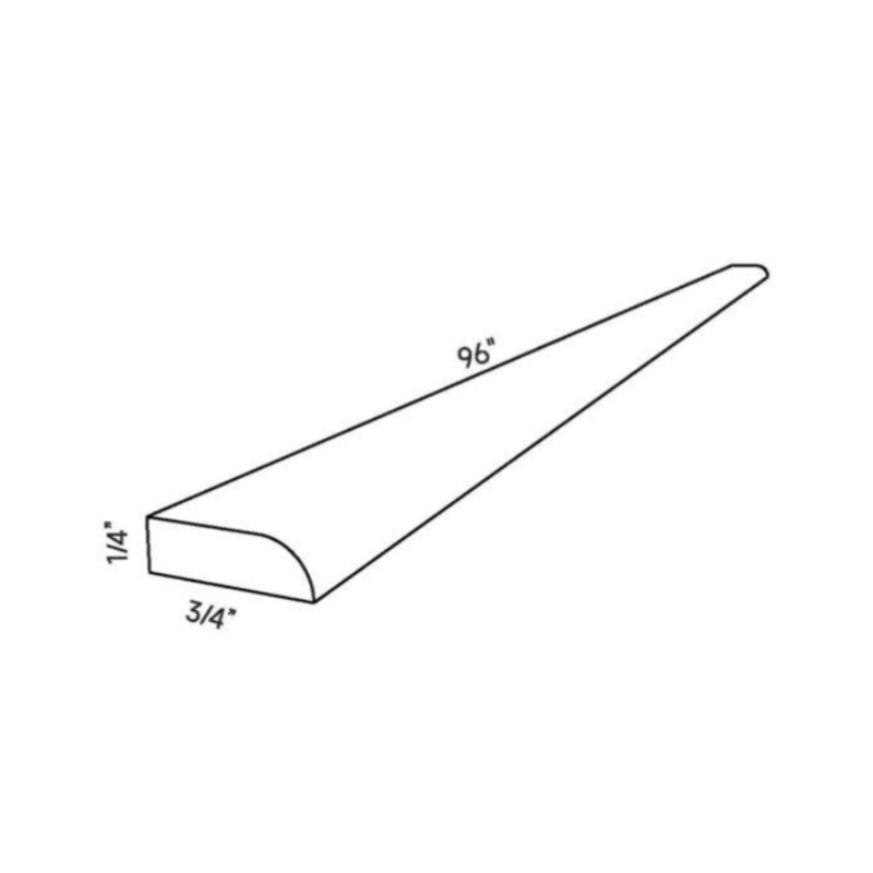 Light Gray Scribe Molding traditional shaker, 96″ wide, 0.75″ high, 0.25″ deep, shown in a technical line drawing with dimensions. Part of the Seaport line from the Kitchen & Cabinet Store.