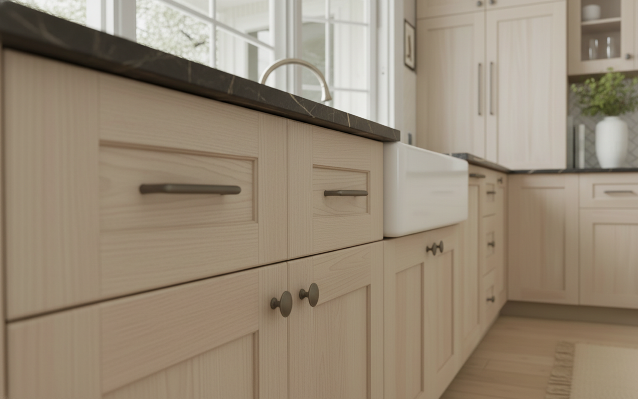 Natural wood stained finish shaker kitchen cabinets with a black and thin gold vein countertop and white farmers sink.