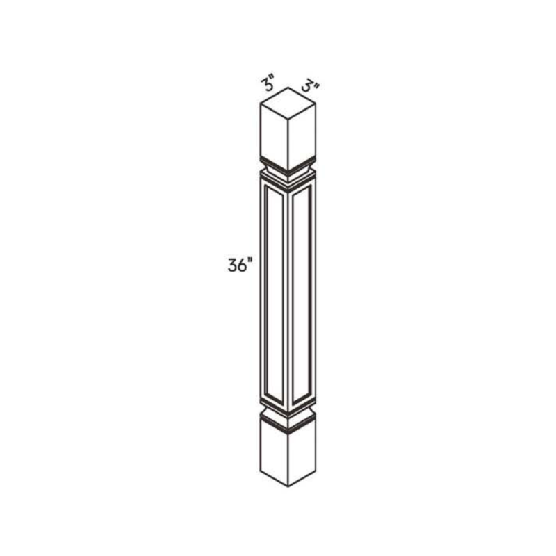 Light Gray Square Post traditional shaker, 3″ wide, 36″ high, 3″ deep, shown in a technical line drawing with dimensions. Part of the Seaport line from the Kitchen & Cabinet Store.