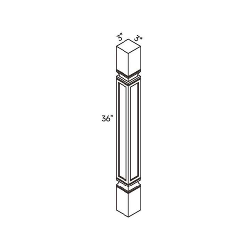 Driftwood Square Post traditional shaker, 3″ wide, 36″ high, 3″ deep, shown in a technical line drawing with dimensions. Part of the Seaport line from the Kitchen & Cabinet Store.