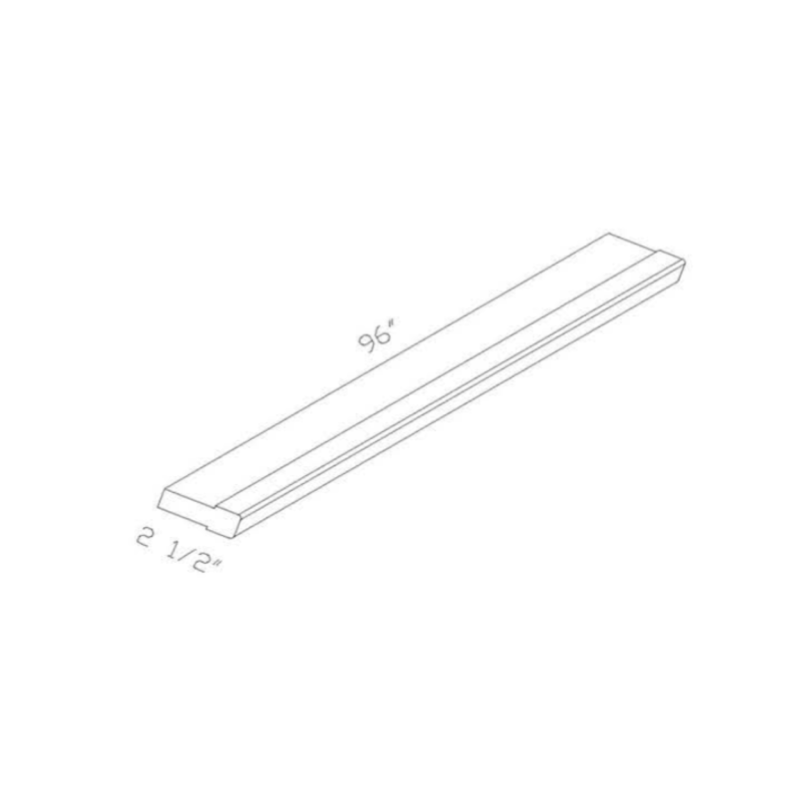 Blue Stack Crown Molding contemporary shaker, 96″ wide, 2.5″ high, 0.75″ deep, shown in a technical line drawing with dimensions. Part of the Belmont line from the Kitchen & Cabinet Store.