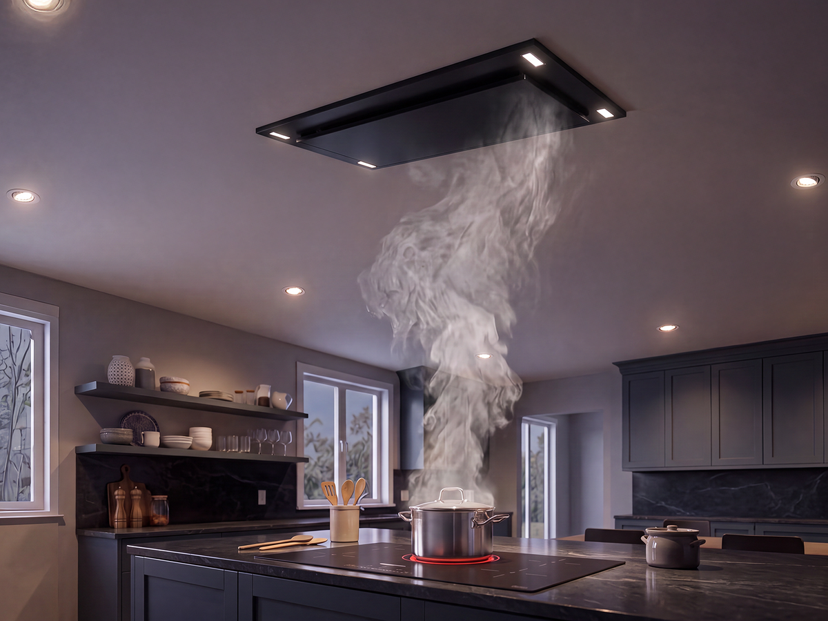 Victory Sunset matte black flush ceiling mount range hood, view 2