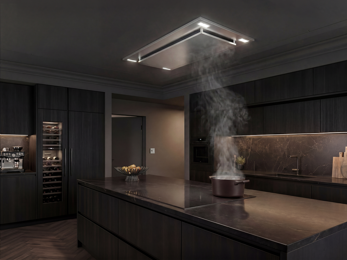 Victory Sunset stainless steel flush ceiling mount range hood, view 2