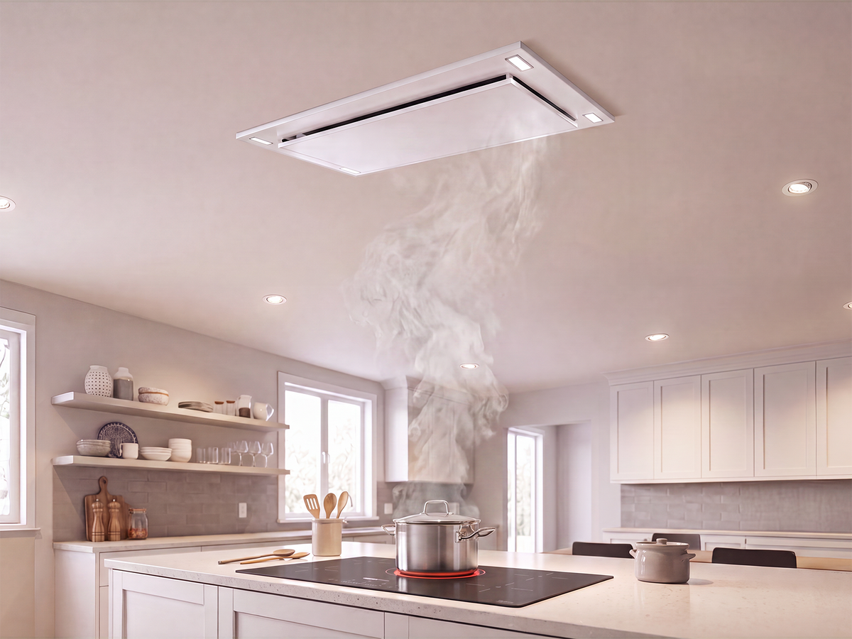 Victory Sunset matte white flush ceiling mount range hood, view 2