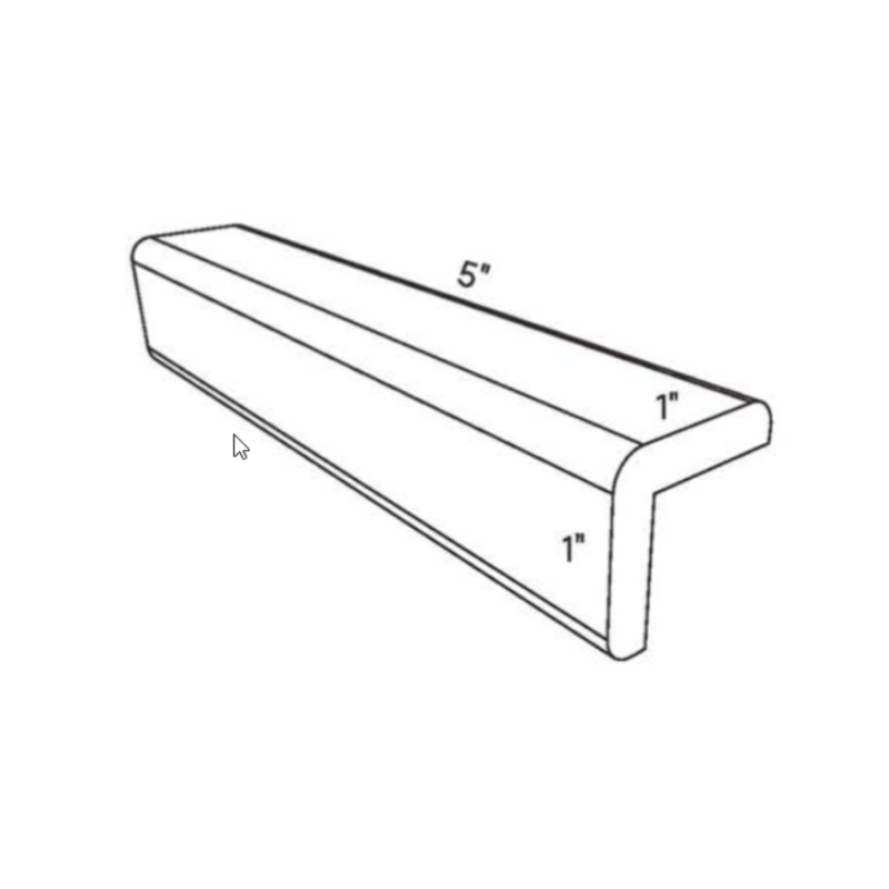 Blue Toe Kick Corner contemporary shaker, 1″ wide, 5″ high, 1″ deep, shown in a technical line drawing with dimensions. Part of the Belmont line from the Kitchen & Cabinet Store.