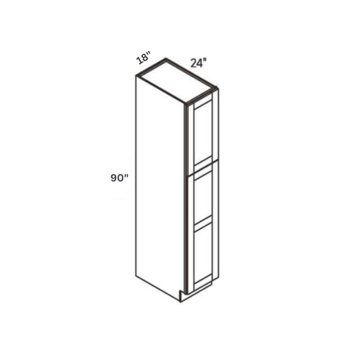 Driftwood traditional shaker tall pantry, 18″ wide, 90″ high, 24″ deep, shown in a technical line drawing with dimensions. Part of the Seaport line from the Kitchen & Cabinet Store.