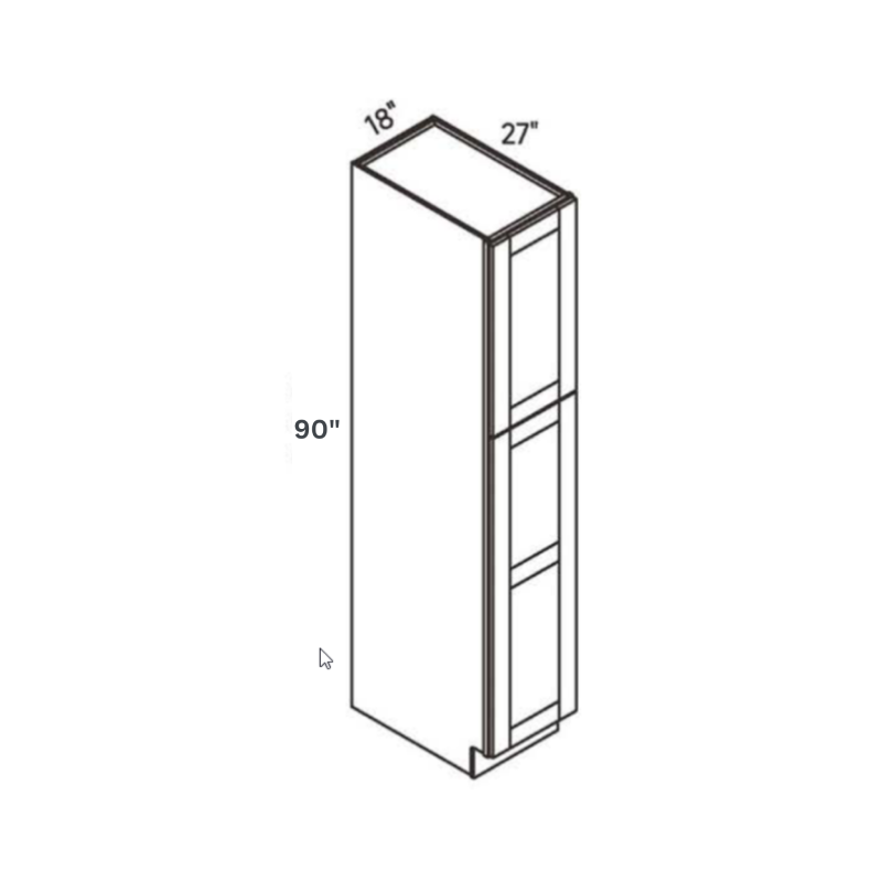 Blue contemporary shaker deep tall pantry, 18″ wide, 90″ high, 27″ deep, shown in a technical line drawing with dimensions. Part of the Belmont line from the Kitchen & Cabinet Store.