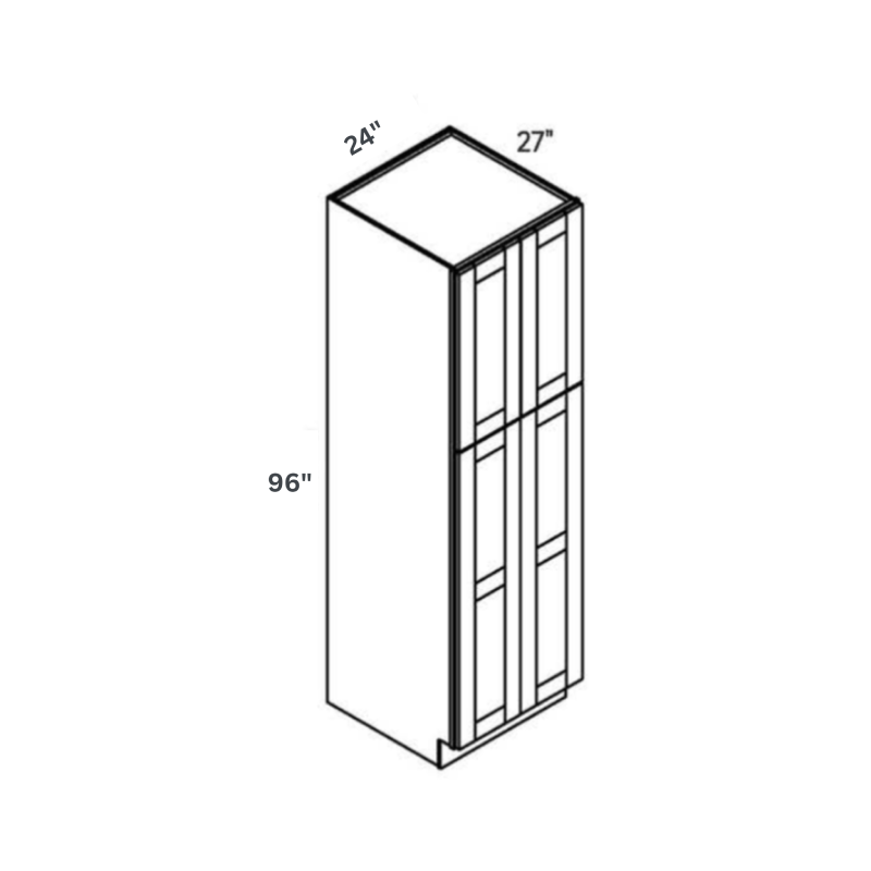 Blue contemporary shaker deep double pantry, 24″ wide, 96″ high, 27″ deep, shown in a technical line drawing with dimensions. Part of the Belmont line from the Kitchen & Cabinet Store.