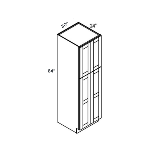 Driftwood traditional shaker double tall pantry, 30″ wide, 84″ high, 24″ deep, shown in a technical line drawing with dimensions. Part of the Seaport line from the Kitchen & Cabinet Store.