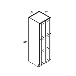 Blue contemporary shaker deep double pantry, 30″ wide, 84″ high, 27″ deep, shown in a technical line drawing with dimensions. Part of the Belmont line from the Kitchen & Cabinet Store.