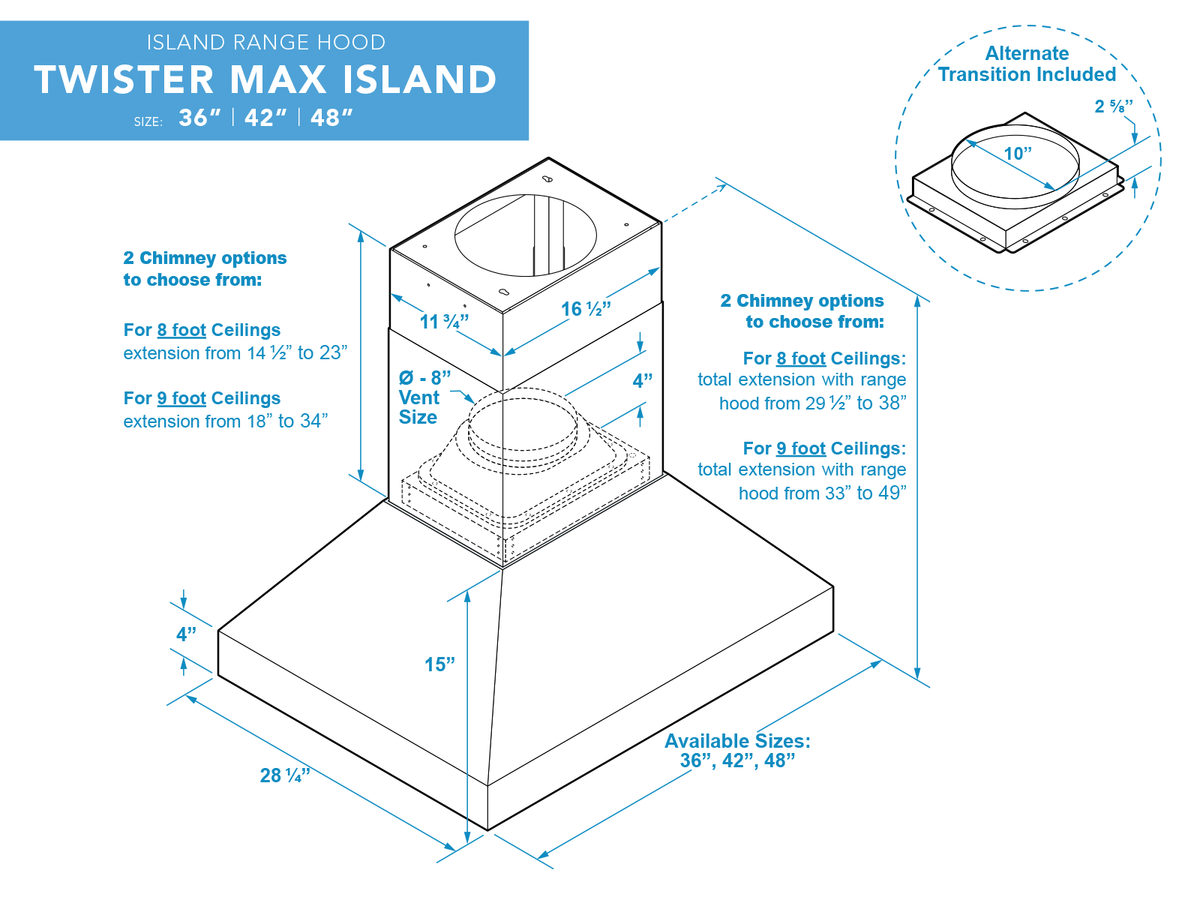 Victory Twister MAX Island 36 inch stainless steel island range hood, view 9