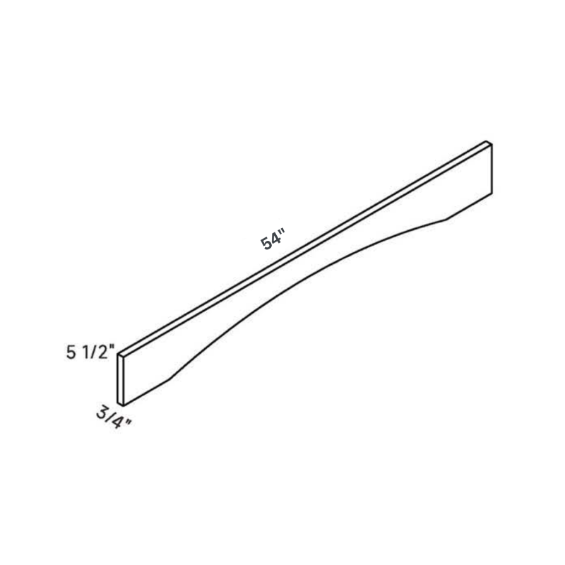 Blue Arched Vanity Valance contemporary shaker, 54″ wide, 5.5″ high, 0.75″ deep, shown in a technical line drawing with dimensions. Part of the Belmont line from the Kitchen & Cabinet Store.