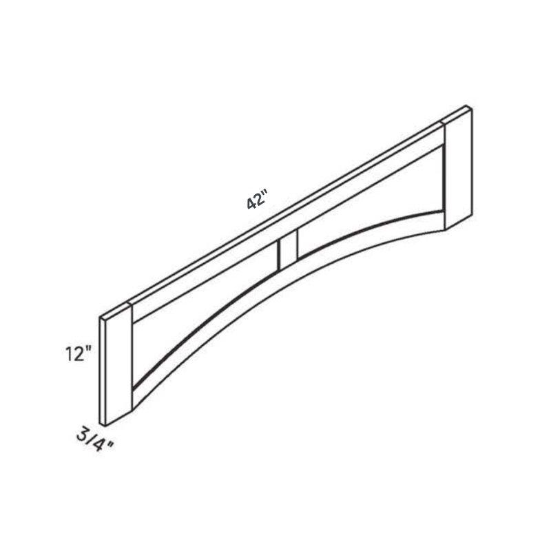 Driftwood Raised Panel Vanity Valance traditional shaker, 42″ wide, 12″ high, 0.75″ deep, shown in a technical line drawing with dimensions. Part of the Seaport line from the Kitchen & Cabinet Store.