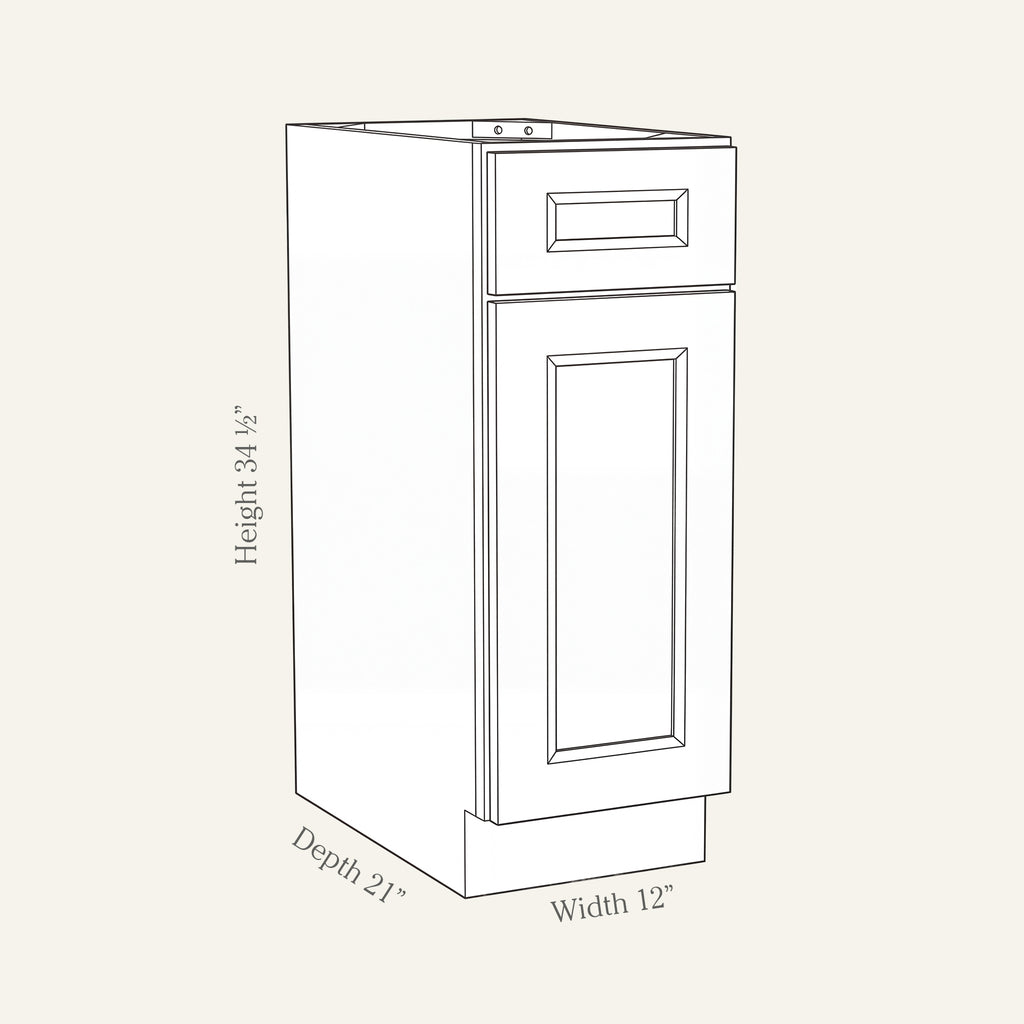 Dimension drawing of a Belmont Shaker vanity base cabinet with 1 door and 1 drawer, 12W, 34.5H, 21D.