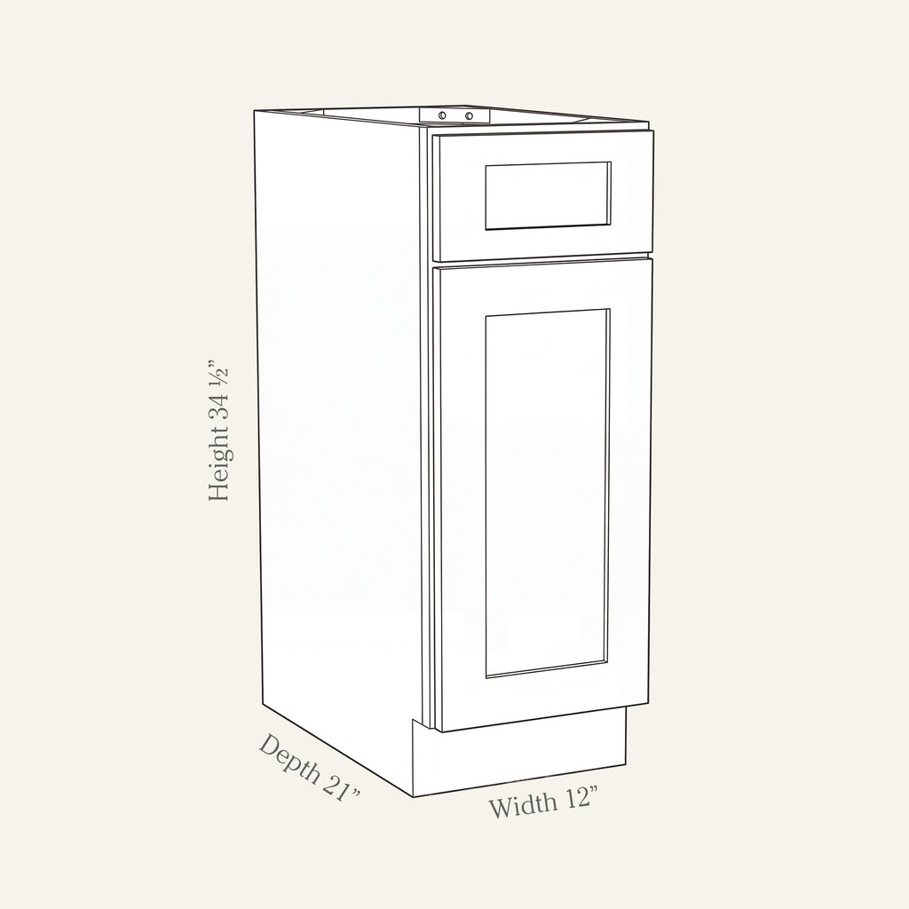 Angled line drawing of a Seaport Shaker vanity base with 1 door and 1 drawer, 12W, 34.5H, 21D.