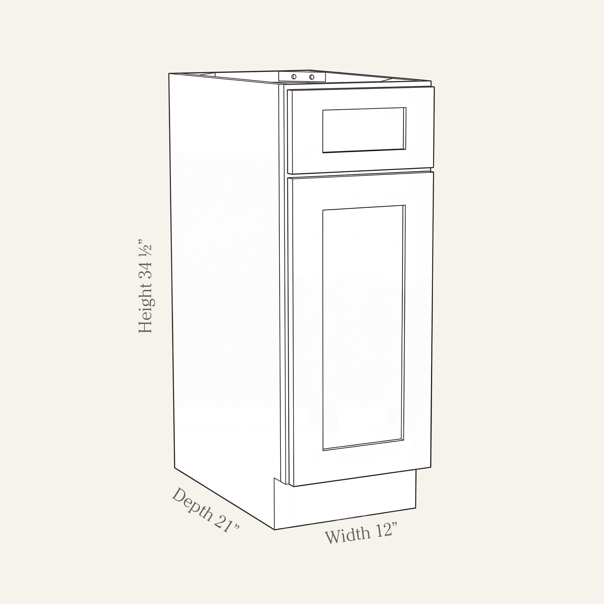 Angled line drawing of a Seaport Shaker vanity base with 1 door and 1 drawer, 12W, 34.5H, 21D.