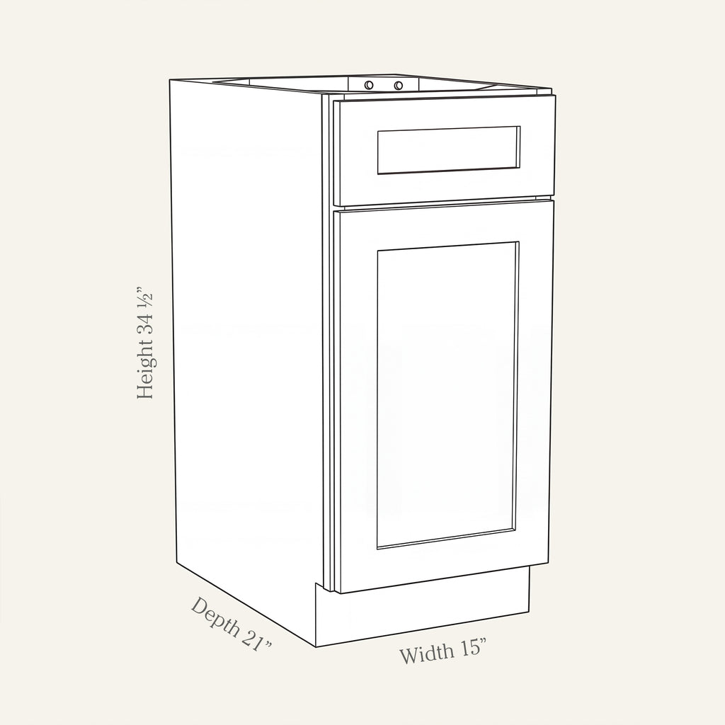 Angled line drawing of a Seaport Shaker vanity base with 1 door and 1 drawer, 15W, 34.5H, 21D.