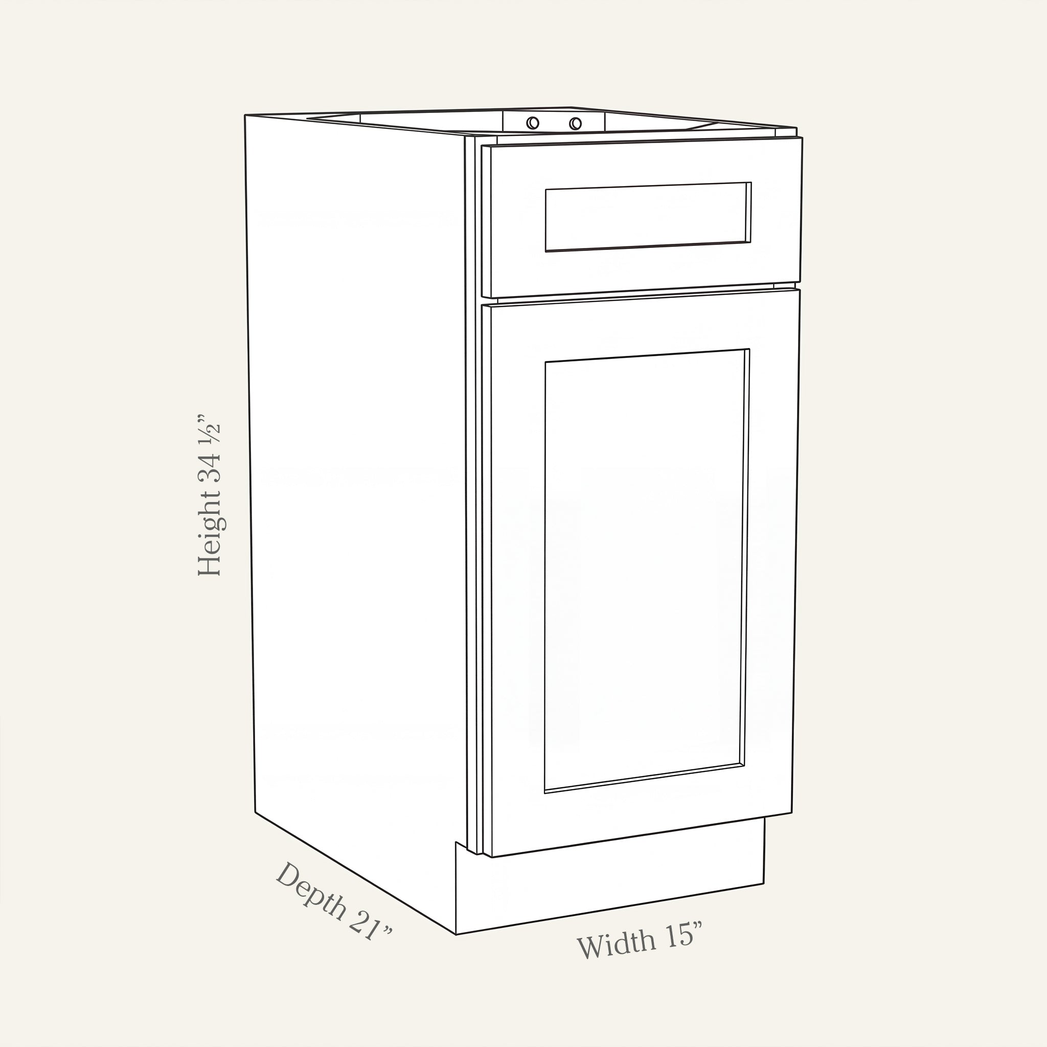 Angled line drawing of a Seaport Shaker vanity base with 1 door and 1 drawer, 15W, 34.5H, 21D.