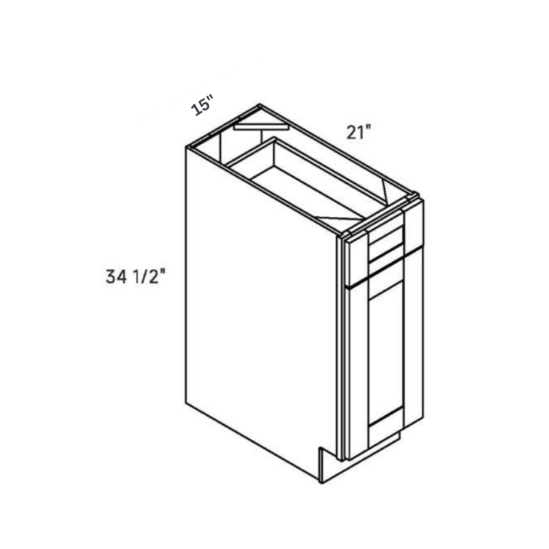 Light Gray traditional shaker vanity base, 15″ wide, 34.5″ high, 21″ deep, shown in a technical line drawing with dimensions. Part of the Seaport line from the Kitchen & Cabinet Store.