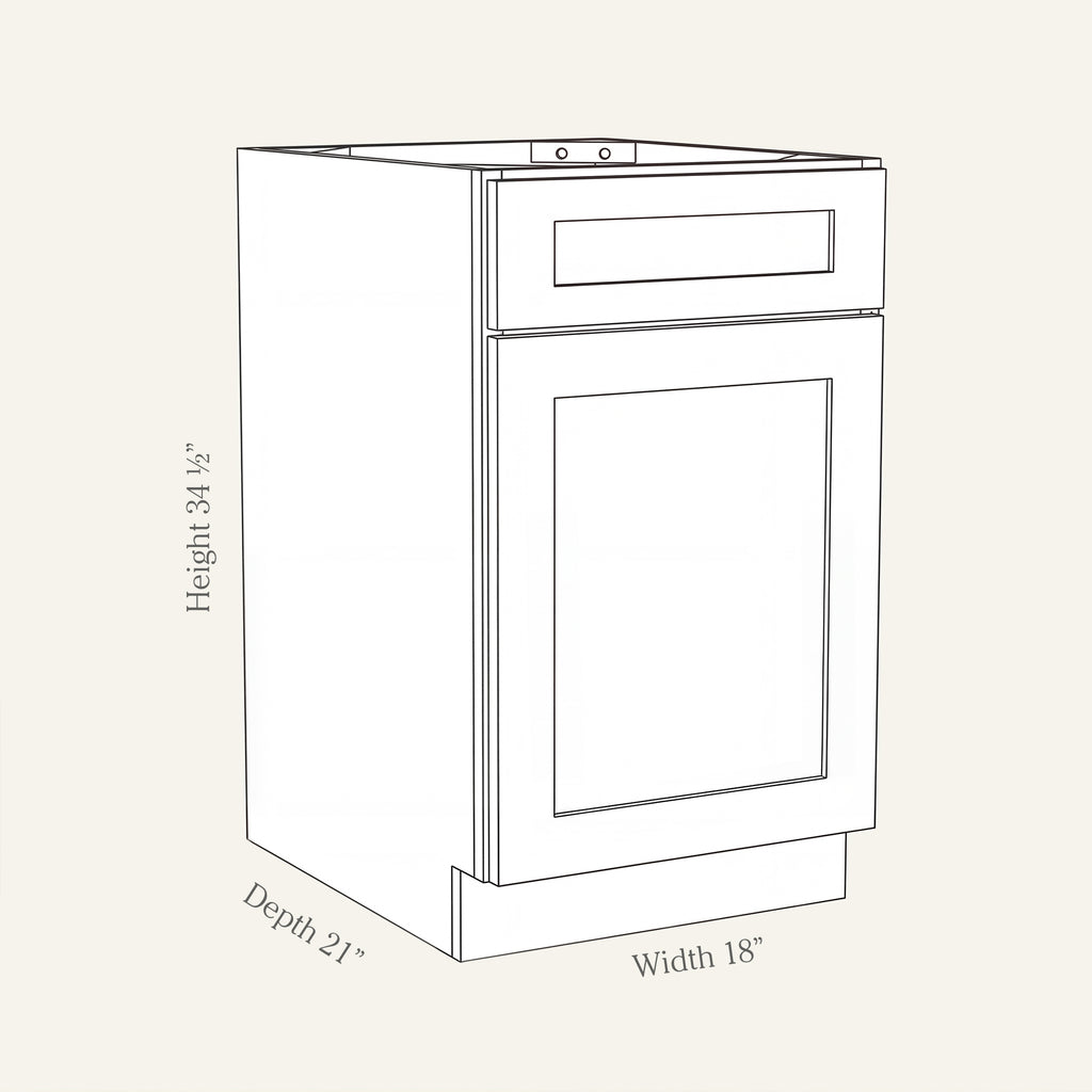 Angled line drawing of a Seaport Shaker vanity base with 1 door and 1 drawer, 18W, 34.5H, 21D.