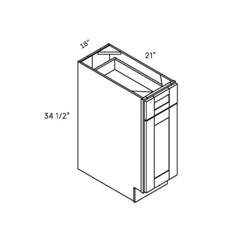 Natural traditional shaker vanity base, 18″ wide, 34.5″ high, 21″ deep, shown in a technical line drawing with dimensions. Part of the Seaport line from the Kitchen & Cabinet Store.