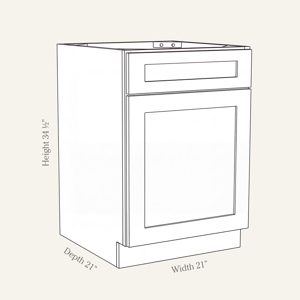 Angled line drawing of a Seaport Shaker vanity base with 1 door and 1 drawer, 21W, 34.5H, 21D.