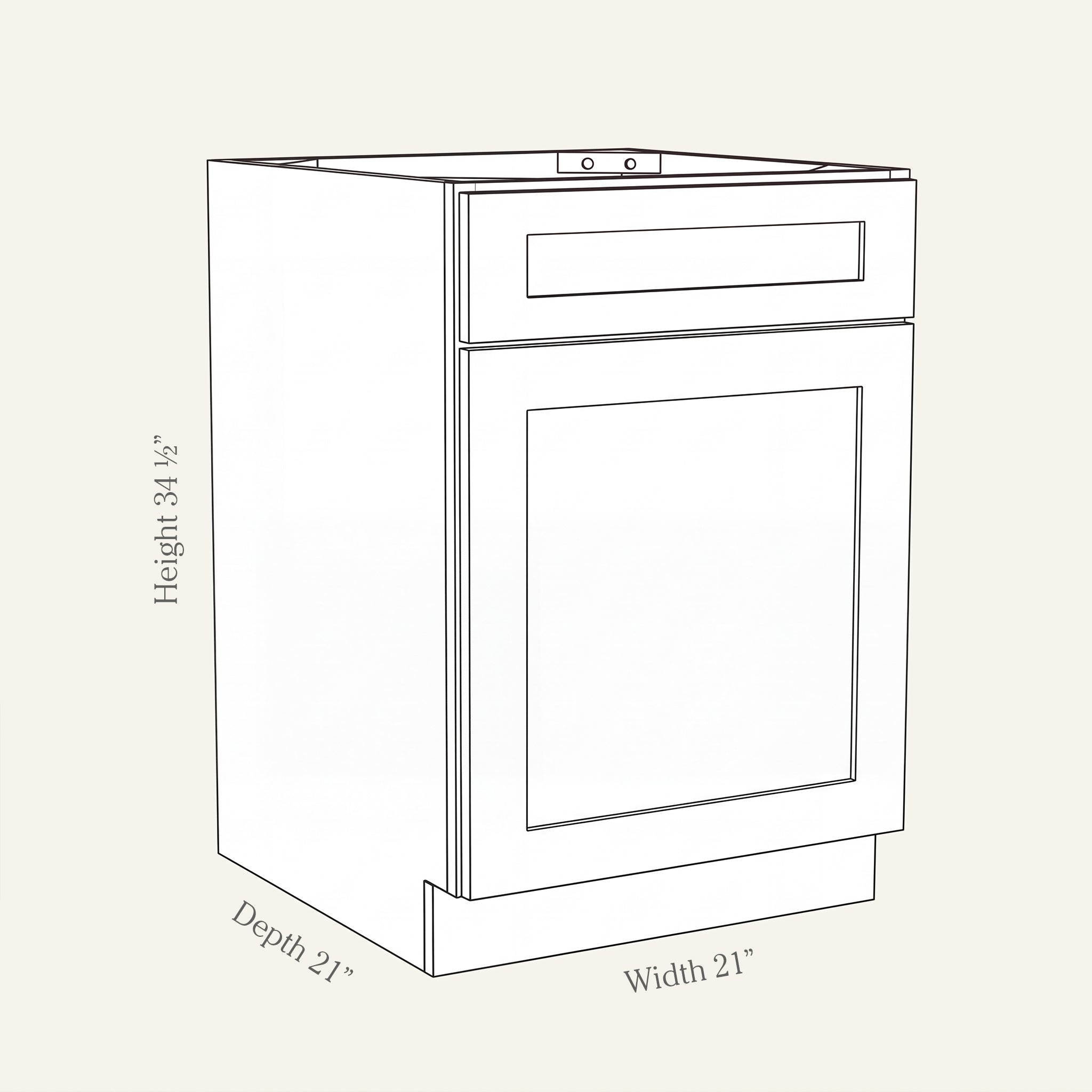 Angled line drawing of a Seaport Shaker vanity base with 1 door and 1 drawer, 21W, 34.5H, 21D.