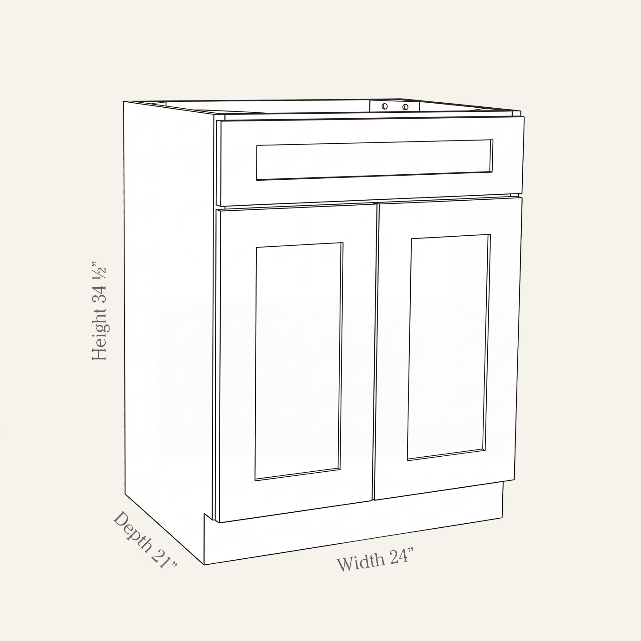 Angled line drawing of a Seaport Shaker vanity base with 2 doors and 1 drawer, 24W, 34.5H, 21D.
