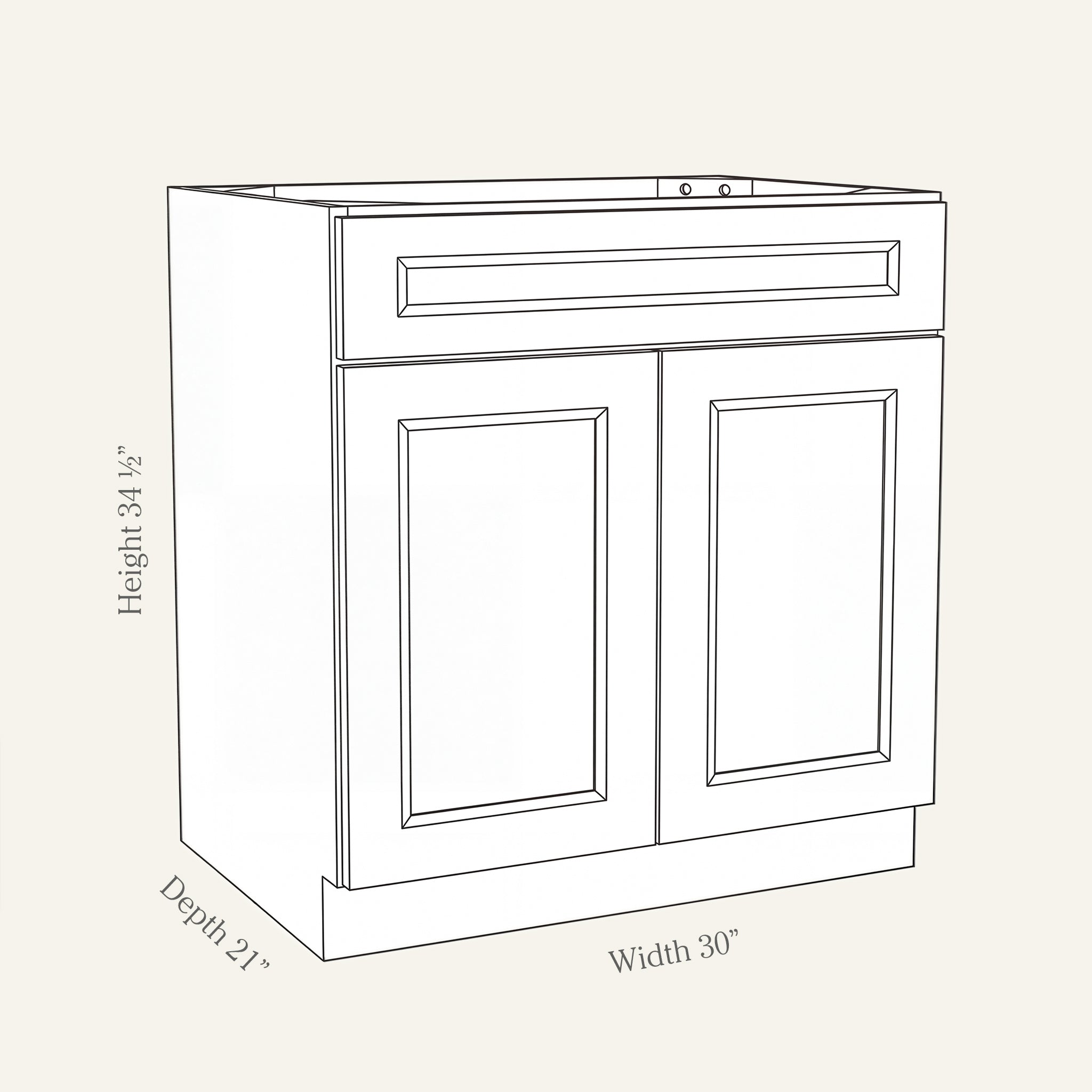 Dimension drawing of a Belmont Shaker vanity base cabinet with 2 doors and 1 drawer, 30W, 34.5H, 21D.