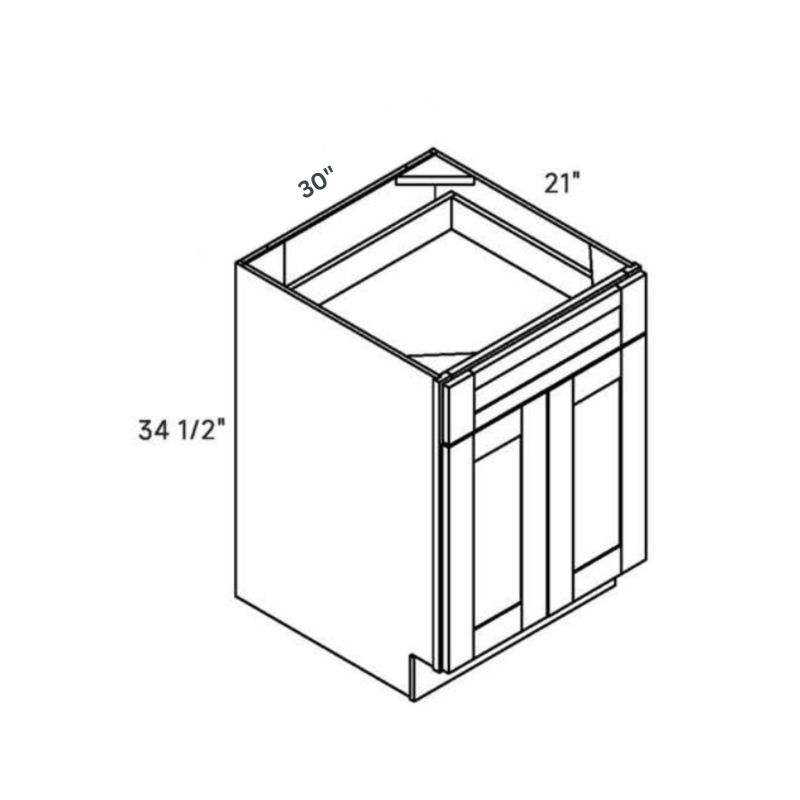 Light Gray traditional shaker double door vanity base, 30″ wide, 34.5″ high, 21″ deep, shown in a technical line drawing with dimensions. Part of the Seaport line from the Kitchen & Cabinet Store.