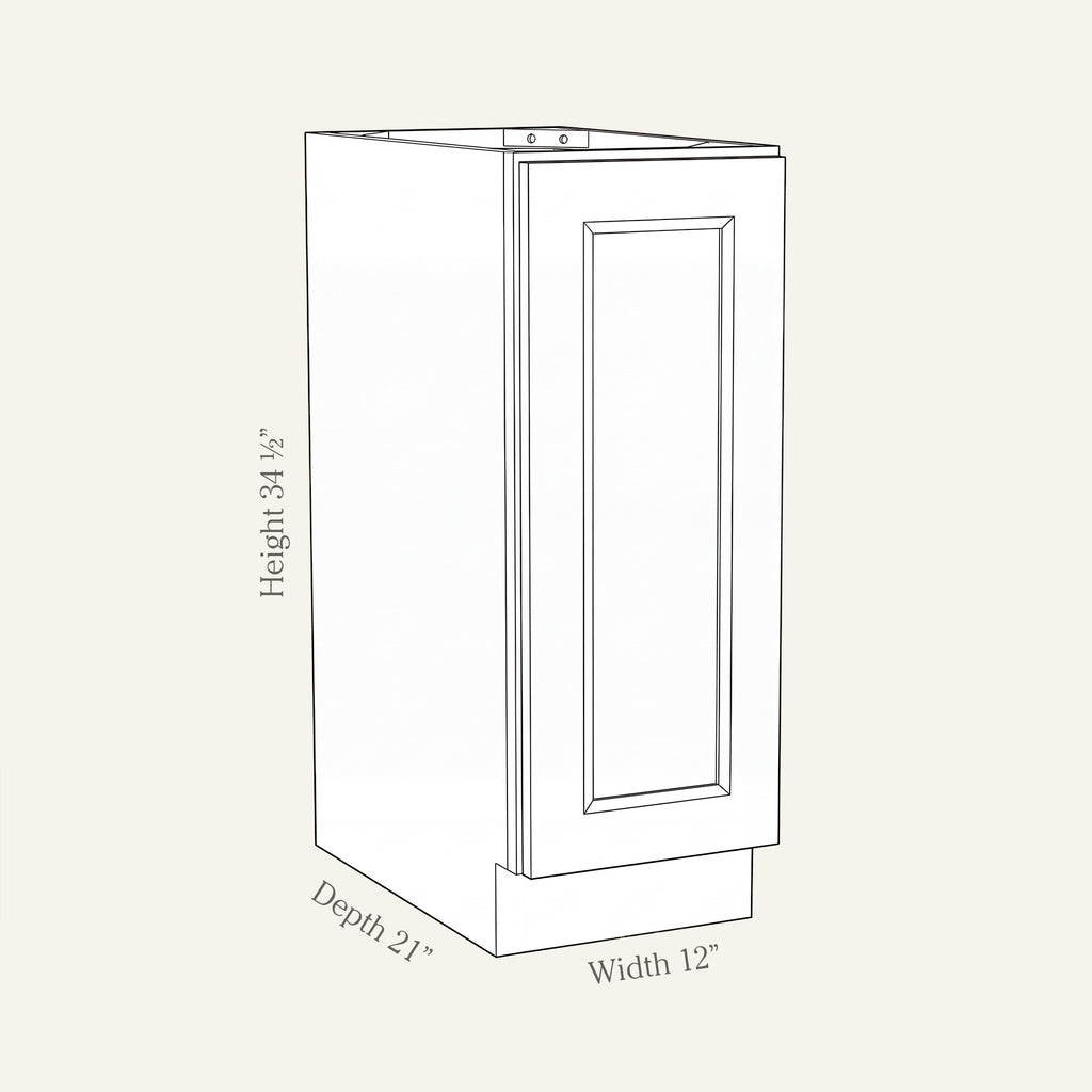 Dimension drawing of a Belmont Shaker full-height vanity cabinet with 1 door, 12W, 34.5H, 21D.