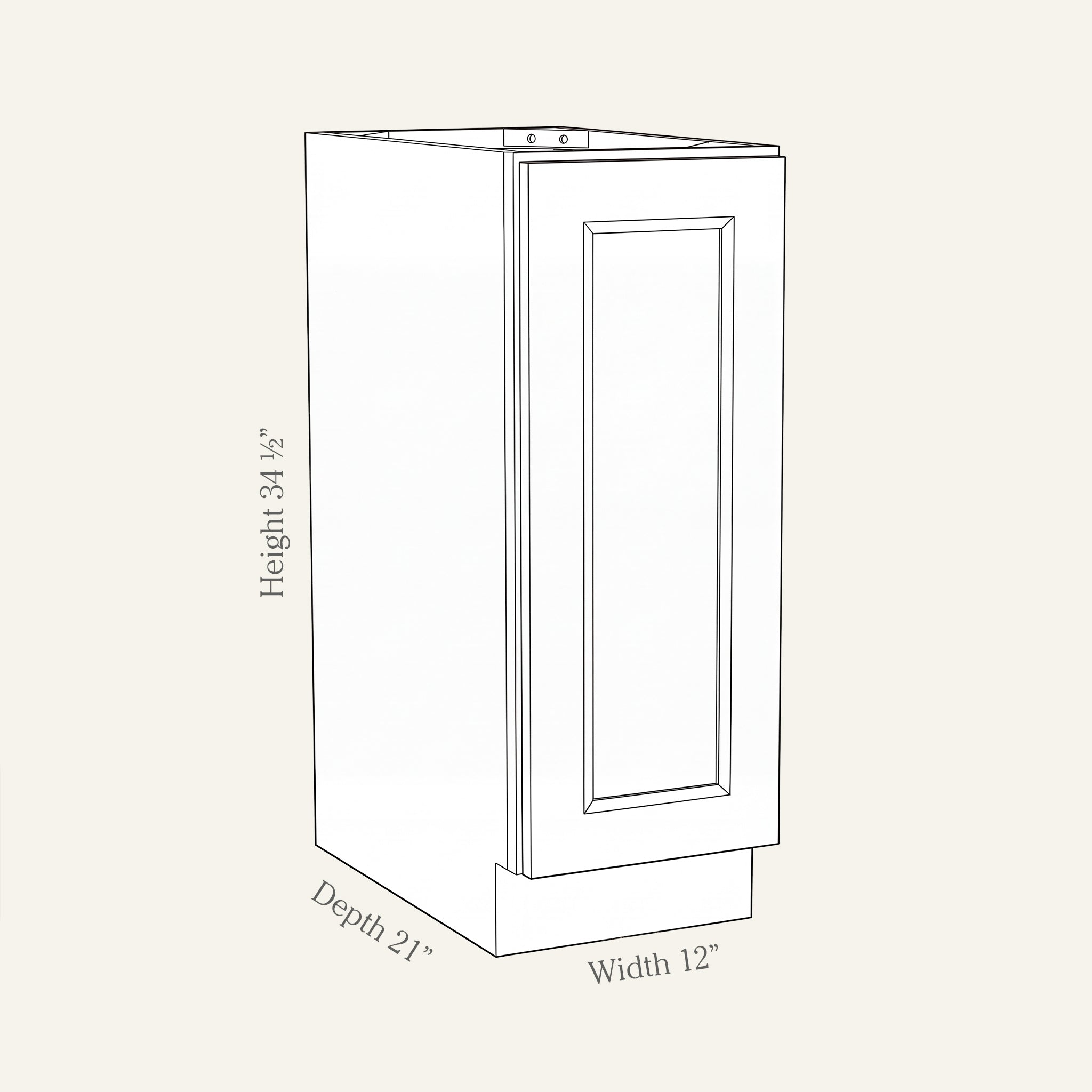 Dimension drawing of a Belmont Shaker full-height vanity cabinet with 1 door, 12W, 34.5H, 21D.