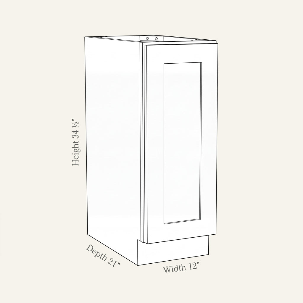Angled line drawing of a Seaport Shaker full-height vanity with 1 door, 12W, 34.5H, 21D.