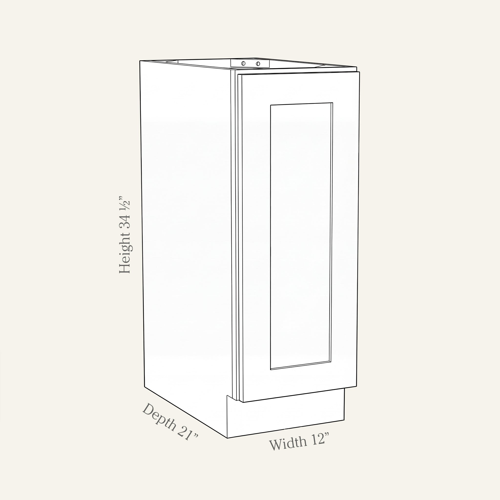 Angled line drawing of a Seaport Shaker full-height vanity with 1 door, 12W, 34.5H, 21D.