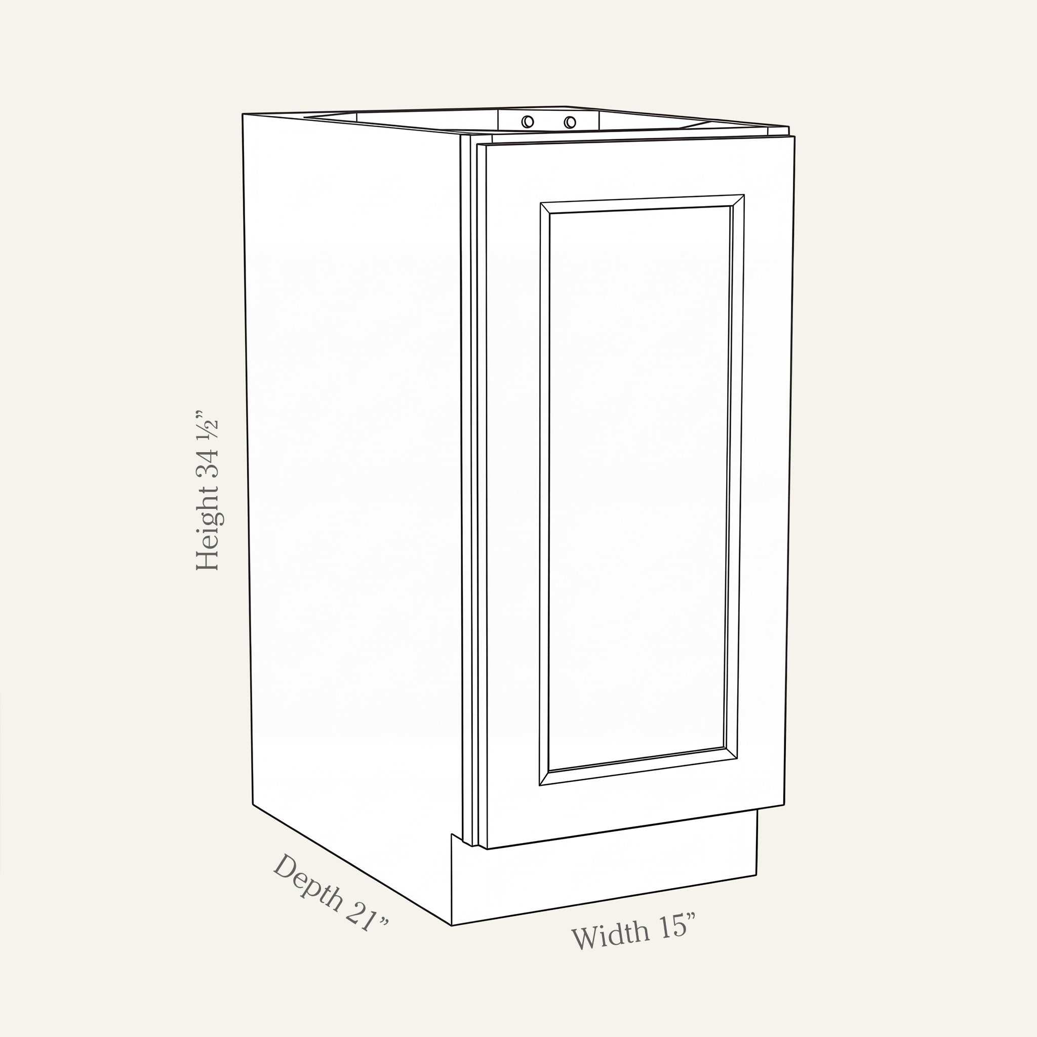 Dimension drawing of a Belmont Shaker full-height vanity cabinet with 1 door, 15W, 34.5H, 21D.
