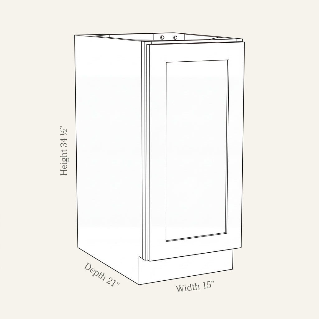 Angled line drawing of a Seaport Shaker full-height vanity with 1 door, 15W, 34.5H, 21D.
