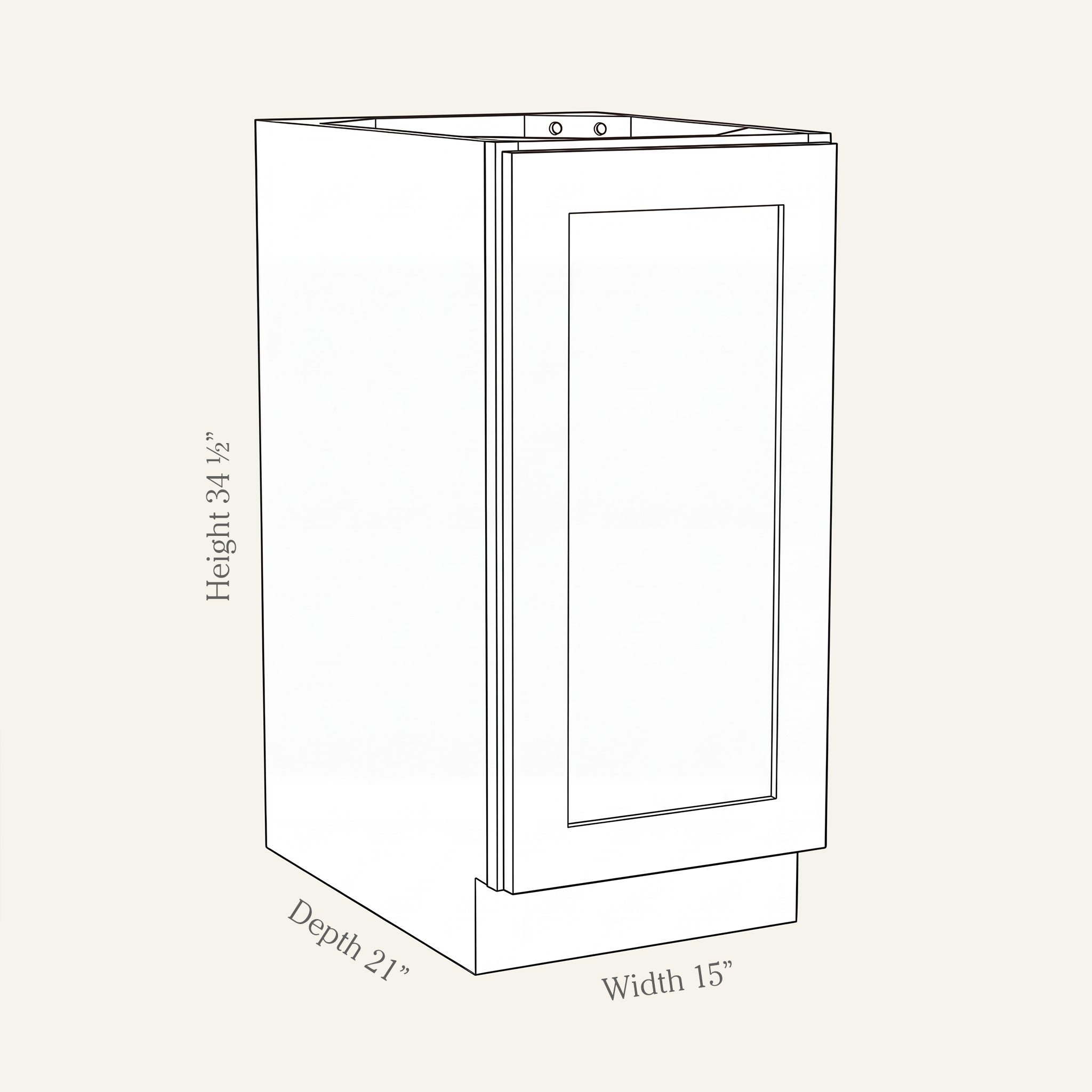 Angled line drawing of a Seaport Shaker full-height vanity with 1 door, 15W, 34.5H, 21D.