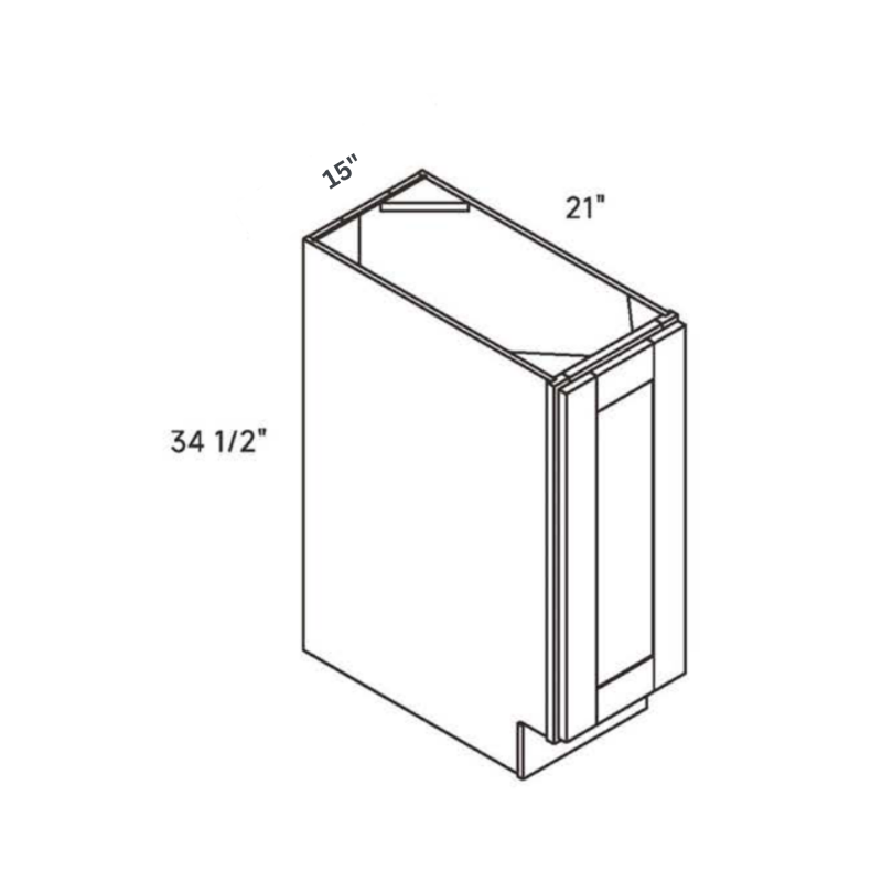 Light Gray traditional shaker full, 15″ wide, 34.5″ high, 21″ deep, shown in a technical line drawing with dimensions. Part of the Seaport line from the Kitchen & Cabinet Store.